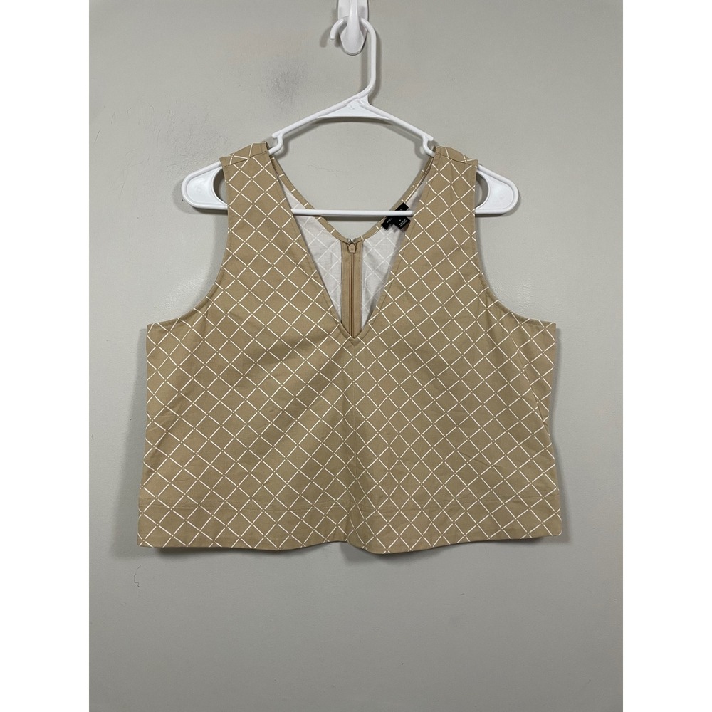 NWT Ann Taylor Tan Checked V-Neck Boxy Fit Sleeveless Top Size Medium Coastal